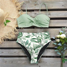 Load image into Gallery viewer, High Waist Bikini Set Women Bikini Flower Swimwear Women High Waist Bikini Halter Two Piece Bathing Suits Tummy Control Swimsuit Push Up Swimwear Vintage Halter Neck Swimsuit Female Green Bathing Suit
