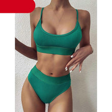 Load image into Gallery viewer, High Waist Bikinis Ribbed Swimwear Women Push Up Swimsuits Women's Scoop Neck Swimsuits High Waist Bikini Sets 2 Piece Bathing Suit Solid Strap Bathing Suit Female Set