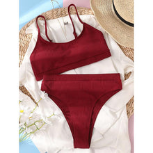Load image into Gallery viewer, High Waist Bikinis Swimwear Women Push Up Swimsuits Solid High Waist Bikini Sets Sporty Two Pieces Swimsuit Scoop Neck Bathing Suits for Women Ribbed Bathing Suits High Cut Summer Beachwear