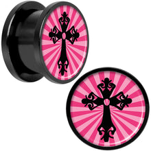 Load image into Gallery viewer, Pink Black Radiant Cross Black Anodized Screw Fit Plug Set 9/16