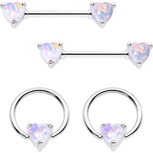 Load image into Gallery viewer, White Faux Opal Heart Captive Ring Straight Barbell Nipple Ring Set