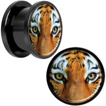 Load image into Gallery viewer, Full Color Tiger Eyes Black Anodized Screw Fit Plug Set 9/16