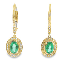 Load image into Gallery viewer, .90ct Emerald Diamond Dangle Earrings 10KT Yellow Gold