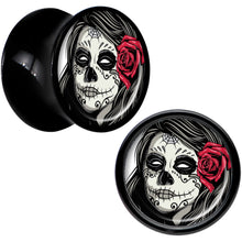 Load image into Gallery viewer, Black Acrylic Katrina Sugar Skull with Rose Flower Saddle Plug Set 00G