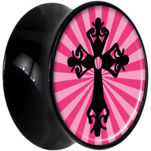 Load image into Gallery viewer, Black Acrylic Pink Black Radiant Cross Saddle Plug Set 5/8