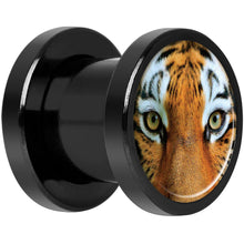 Load image into Gallery viewer, Full Color Tiger Eyes Black Anodized Screw Fit Plug Set 0G