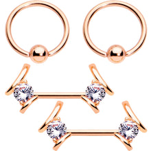 Load image into Gallery viewer, 14G Clear CZ Gem Rose Gold Tone Flair BCR Barbell Nipple Ring Set