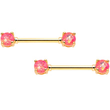 Load image into Gallery viewer, Pink Faux Opal Gold Tone Captive Ring Straight Barbell Nipple Ring Set