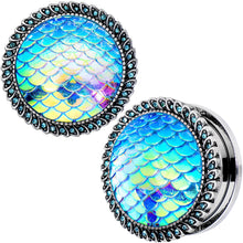 Load image into Gallery viewer, Aqua Gem Iridescent Blue Mermaid Scale Screw Fit Plug Set 6mm to 22mm