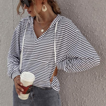 Load image into Gallery viewer, Kangaroo Pocket Striped Drawstring Hoodie