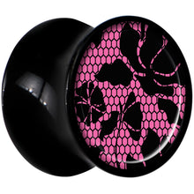 Load image into Gallery viewer, Black Acrylic Pink Floral Lace Saddle Plug Set 00G