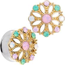 Load image into Gallery viewer, Pink Green White Gem Glam Flower Double Flare Tunnel Plug Set