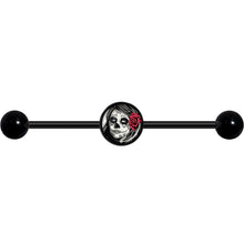 Load image into Gallery viewer, 14G Katrina Sugar Skull with Rose Flower Black Industrial Barbell 37mm
