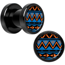 Load image into Gallery viewer, Blue Orange Tribal Print Black Anodized Screw Fit Plug Set 2G