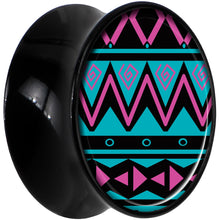 Load image into Gallery viewer, Black Acrylic Pink Teal Tribal Print Saddle Plug Set 20mm