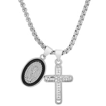 Load image into Gallery viewer, Ladies 18k White Gold/Gold Plated Brass & Black Enamel Our Lady of Guadalupe and Simulated Diamond Cross Pendant Charms