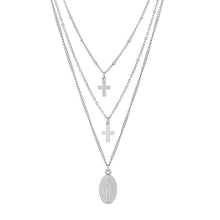 Load image into Gallery viewer, Ladies 3 Chain Necklace with Our Lady of Guadalupe and Cross Charms