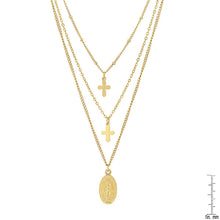 Load image into Gallery viewer, Ladies 3 Chain Necklace with Our Lady of Guadalupe and Cross Charms