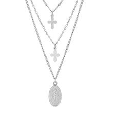 Load image into Gallery viewer, Ladies 3 Chain Necklace with Our Lady of Guadalupe and Cross Charms