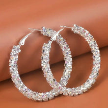 Load image into Gallery viewer, Large Full Rhinestone Silver Hoop Earrings