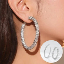 Load image into Gallery viewer, Large Full Rhinestone Silver Hoop Earrings