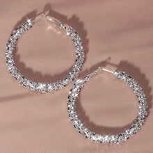 Load image into Gallery viewer, Large Full Rhinestone Silver Hoop Earrings