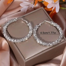 Load image into Gallery viewer, Large Full Rhinestone Silver Hoop Earrings