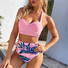Load image into Gallery viewer, Leaf Floral Bikini Set Women Backless High-Waist Two Pieces Swimwear Beach Bathing Suits Swimsuits Women's Ruffle Bandage Bikini High Waist Bottoms Two Piece Swimsuits