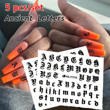 Load image into Gallery viewer, Letter 3D Decals Nail Art Stickers English Old Font Black Number Tattoo Nails Design Water Sliders Manicure Decoration 3D Nail Supplies Holographic Old English Character Nail Self-Adhesive Sticker English Font Design Manicure Decorations Accessories