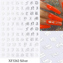 Load image into Gallery viewer, Letter 3D Decals Nail Art Stickers English Old Font Black Number Tattoo Nails Design Water Sliders Manicure Decoration 3D Nail Supplies Holographic Old English Character Nail Self-Adhesive Sticker English Font Design Manicure Decorations Accessories