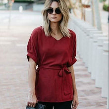 Load image into Gallery viewer, Linen-Blend Loose-Cut Casual Short Sleeve Top with Belt