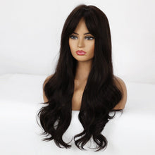 Load image into Gallery viewer, Long Dark Brown Synthetic Wigs for Women Silky Wavy Wig With Air Bangs Heat Resistant Fiber Cosplay Daily Party Replacement Wig Wigs For Black Women Cosplay Wigs For Women