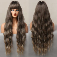 Load image into Gallery viewer, Long Dark Brown Synthetic Wigs for Women Silky Wavy Wig With Air Bangs Heat Resistant Fiber Cosplay Daily Party Replacement Wig Wigs For Black Women Cosplay Wigs For Women
