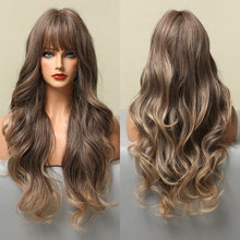 Load image into Gallery viewer, Long Dark Brown Synthetic Wigs for Women Silky Wavy Wig With Air Bangs Heat Resistant Fiber Cosplay Daily Party Replacement Wig Wigs For Black Women Cosplay Wigs For Women