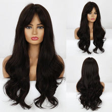 Load image into Gallery viewer, Long Dark Brown Synthetic Wigs for Women Silky Wavy Wig With Air Bangs Heat Resistant Fiber Cosplay Daily Party Replacement Wig Wigs For Black Women Cosplay Wigs For Women