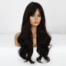 Load image into Gallery viewer, Long Dark Brown Synthetic Wigs for Women Silky Wavy Wig With Air Bangs Heat Resistant Fiber Cosplay Daily Party Replacement Wig Wigs For Black Women Cosplay Wigs For Women