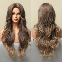 Load image into Gallery viewer, Long Honey Brown Synthetic Wigs with Side Bangs Natural Wave Wigs for Afro American Women Heat Resistant Cosplay Party Daily Use Wigs For Black Women Cosplay Wigs For Women