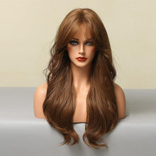 Load image into Gallery viewer, Long Honey Brown Synthetic Wigs with Side Bangs Natural Wave Wigs for Afro American Women Heat Resistant Cosplay Party Daily Use Wigs For Black Women Cosplay Wigs For Women