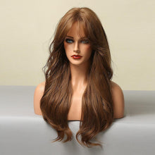 Load image into Gallery viewer, Long Honey Brown Synthetic Wigs with Side Bangs Natural Wave Wigs for Afro American Women Heat Resistant Cosplay Party Daily Use Wigs For Black Women Cosplay Wigs For Women