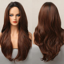 Load image into Gallery viewer, Long Honey Brown Synthetic Wigs with Side Bangs Natural Wave Wigs for Afro American Women Heat Resistant Cosplay Party Daily Use Wigs For Black Women Cosplay Wigs For Women