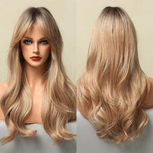 Load image into Gallery viewer, Long Honey Brown Synthetic Wigs with Side Bangs Natural Wave Wigs for Afro American Women Heat Resistant Cosplay Party Daily Use Wigs For Black Women Cosplay Wigs For Women