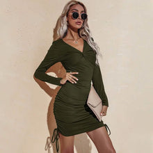 Load image into Gallery viewer, Long Sleeve Deep Sexy Long Sleeve Slim Elastic Bodycon Shirring Mini Dresses