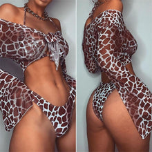 Load image into Gallery viewer, Long Sleeve Mesh Bikini Swimwear Women Three Pieces Leopard Swimsuit Female Summer Bathing Suit Brazilian 3 Pieces Set Knot Front Off Shoulder Cover Up with Halter Bikini Sets Bathing Suit