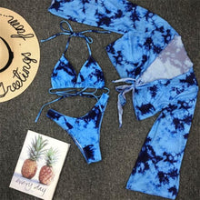 Load image into Gallery viewer, Long Sleeve Mesh Bikini Swimwear Women Three Pieces Leopard Swimsuit Female Summer Bathing Suit Brazilian 3 Pieces Set Knot Front Off Shoulder Cover Up with Halter Bikini Sets Bathing Suit