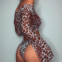 Load image into Gallery viewer, Long Sleeve Mesh Bikini Swimwear Women Three Pieces Leopard Swimsuit Female Summer Bathing Suit Brazilian 3 Pieces Set Knot Front Off Shoulder Cover Up with Halter Bikini Sets Bathing Suit