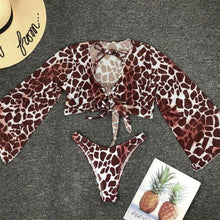 Load image into Gallery viewer, Long Sleeve Mesh Bikini Swimwear Women Three Pieces Leopard Swimsuit Female Summer Bathing Suit Brazilian 3 Pieces Set Knot Front Off Shoulder Cover Up with Halter Bikini Sets Bathing Suit