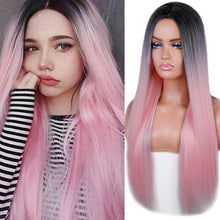 Load image into Gallery viewer, Long Straight Synthetic Black Wig Mixed Brown and Blonde Long Wig For Black Women Middle Part Nature Wigs For Black Women Cosplay Wigs For Women