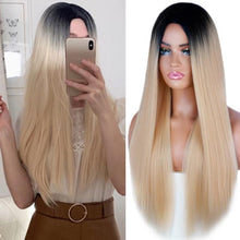 Load image into Gallery viewer, Long Straight Synthetic Black Wig Mixed Brown and Blonde Long Wig For Black Women Middle Part Nature Wigs For Black Women Cosplay Wigs For Women