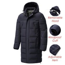 Load image into Gallery viewer, Long Winter Warm Thick Hooded Jacket Coat Windproof Thicken Hooded Coat Comfortable Jacket Men Autumn Outdoor Fashion Classic Windproof Multiple Pockets Men Light Jacket Coat