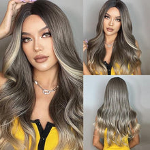 Load image into Gallery viewer, Long Womens Wigs with Bangs Ombre Brown Platinum Blonde Wigs Side Part Synthetic Wavy Wigs Women Cosplay Party Wigs For Black Women Cosplay Wigs For Women
